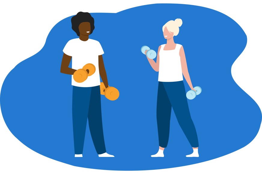 Desenho de um casal fazendo exercício físico com pesos